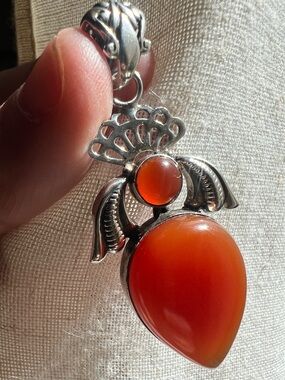 Vintage Sterling Silver Natural Carnelian Teardrop Pendant